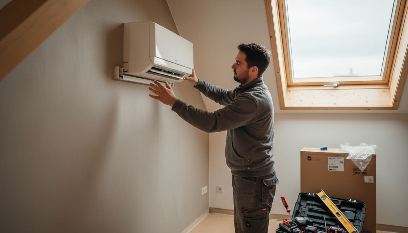 Ein Handwerker richtet ein Innengerät einer Split-Klimaanlage auf der Wandschiene in einem Dachgeschossbüro aus.