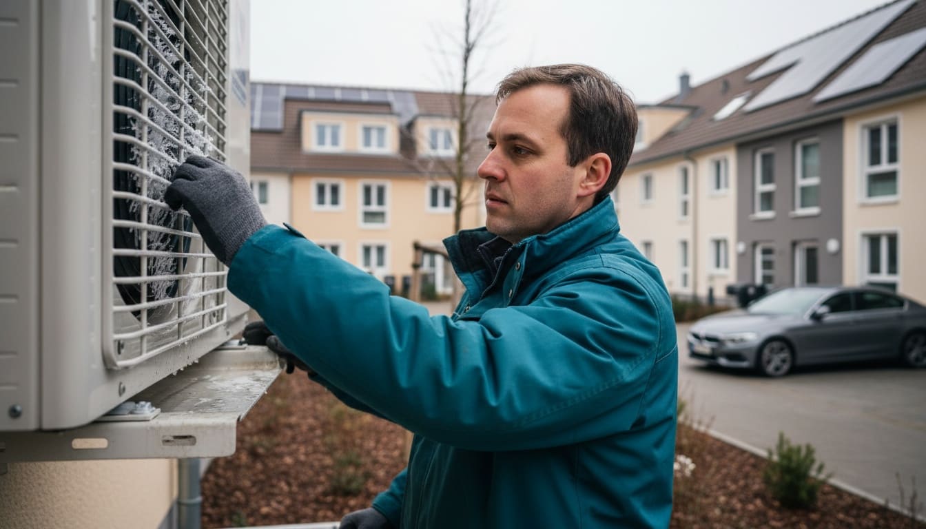 Mann wischt an einem Frostmorgen Raureif vom Lamellengitter eines Außengeräts auf einer Wandkonsole, darunter Tauwasser auf dem Blech.