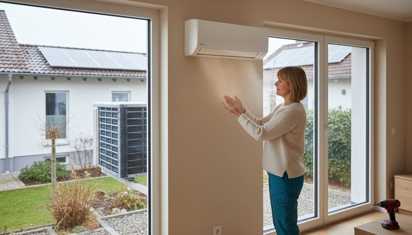 Eine Frau hält die Hand in den warmen Luftstrom eines Innengeräts, während auf dem Außengerät vor dem Fenster Raureif liegt.