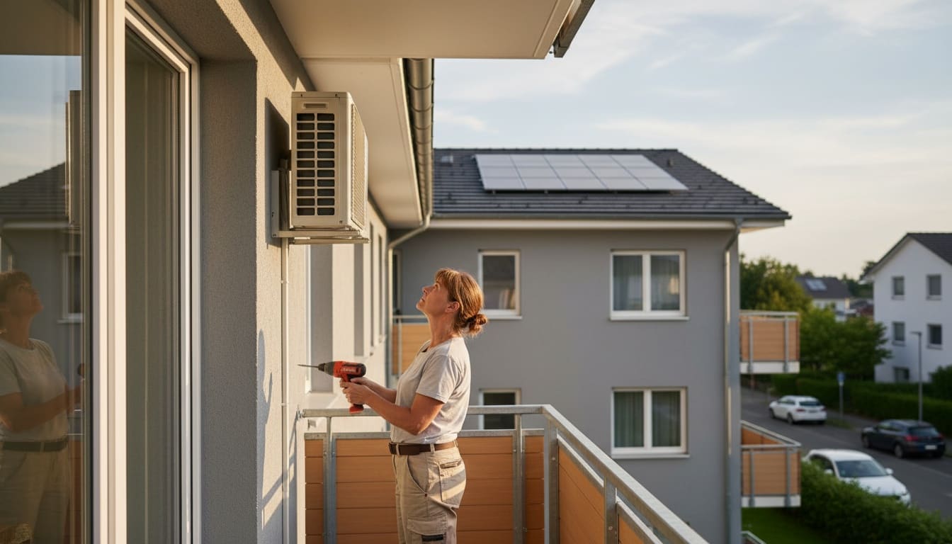 Eine Frau blickt auf einem Balkon zum Außengerät einer Split-Klimaanlage an der Hausfassade in der Mittagssonne.