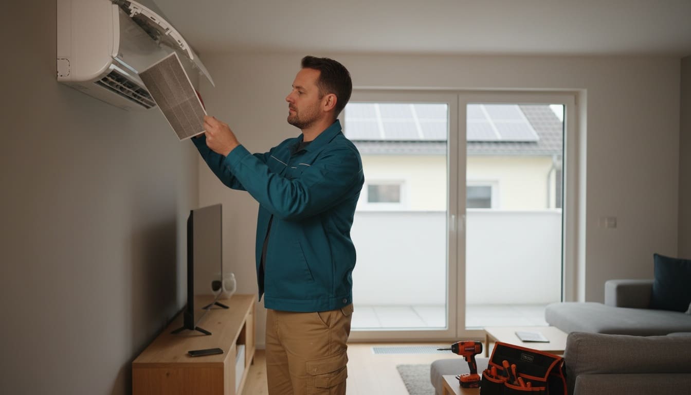 Ein Mann zieht die Filtermatte aus dem geöffneten Innengerät einer Split-Klimaanlage und hält sie gegen das Licht.