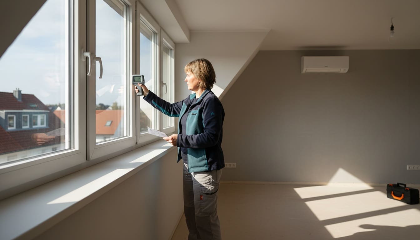 Frau misst mit einem Laser-Entfernungsmesser die Glasfläche eines Fensterbandes, im Hintergrund das Innengerät an der Stirnwand.