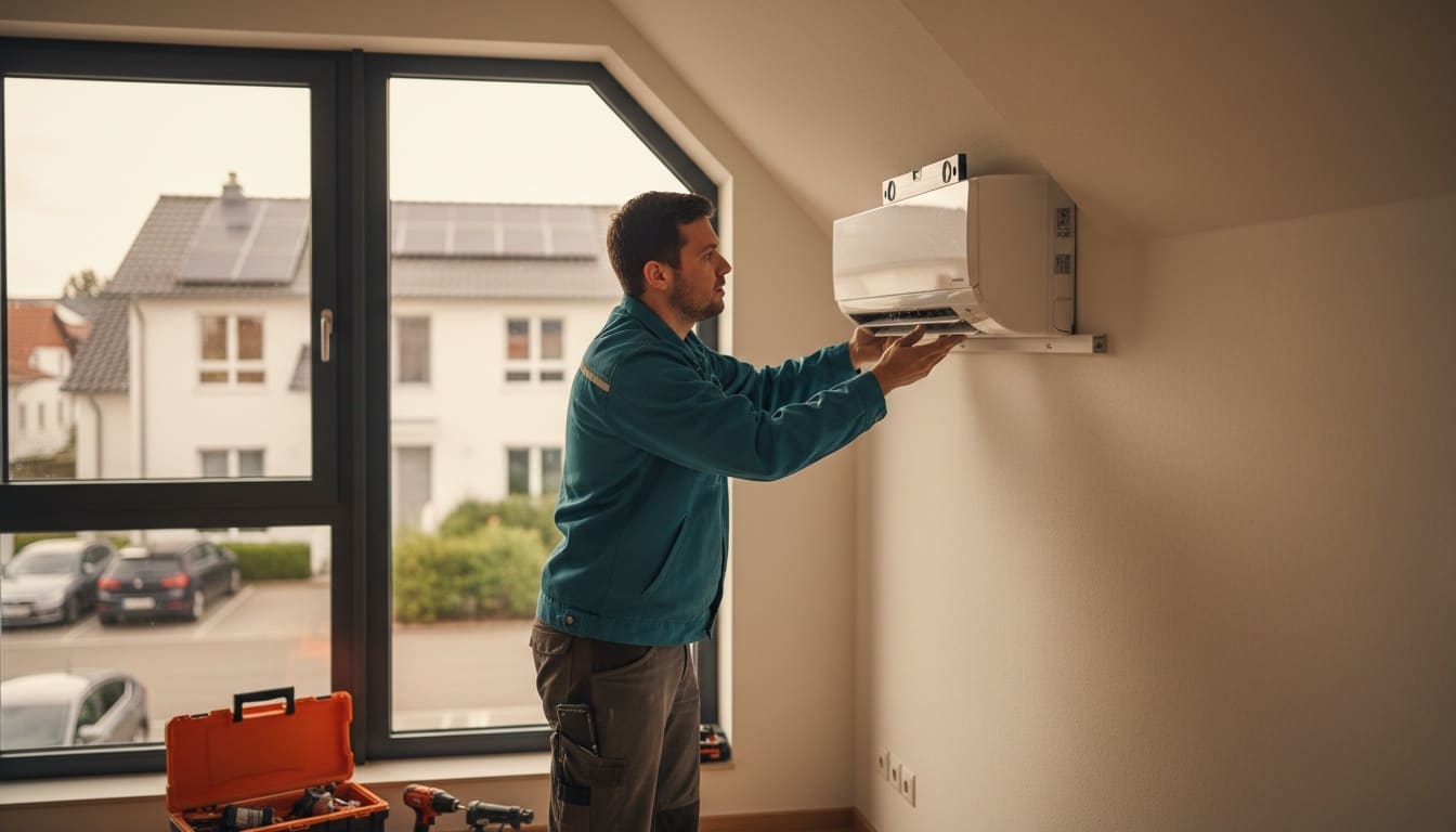 Eine Person richtet ein Klima-Innengerät auf der Wandschiene aus, im Hintergrund ein großes Fenster.